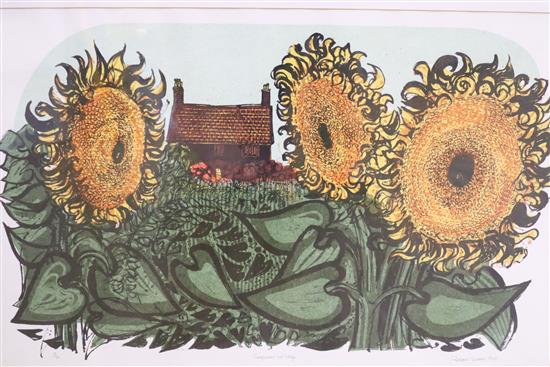 Robert Taverner, litho / screenprint, Sunflowers and Cottages, signed and numbered 11/70, 44 x 68cm